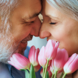 Smiling 50+ couple looking closely into each other's eyes while the man is dating a divorced woman.