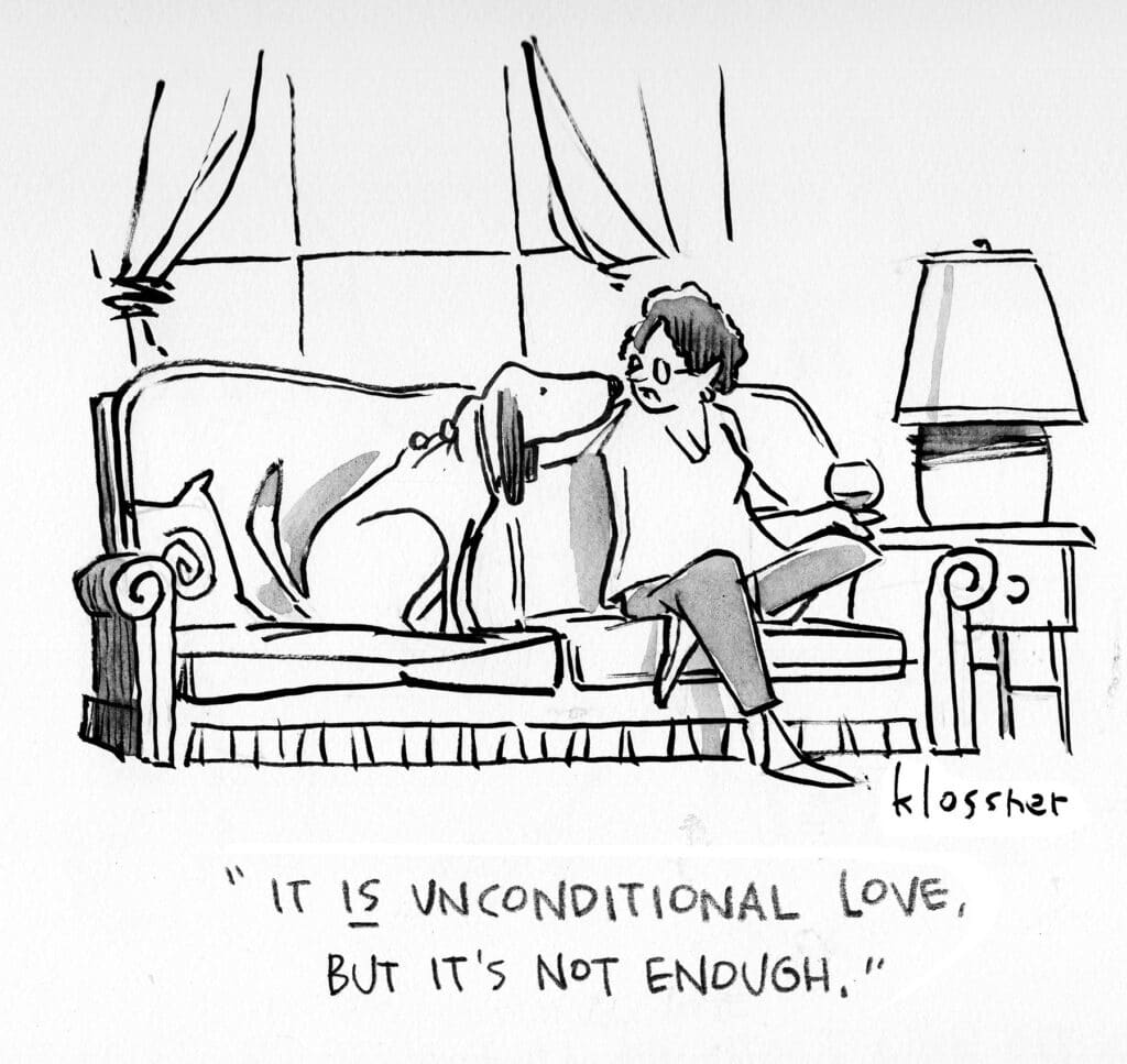 cartoon illustration of a single woman with her dog